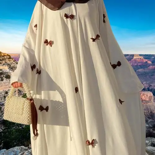 Váy Abaya, Thời Trang Nữ Ả Rập Trung Đông 2025, Phong Cách Dubai, Ngoại Cỡ Mới, Tay Loe, Thiết Kế Thắt Nơ, Áo Choàng Dài