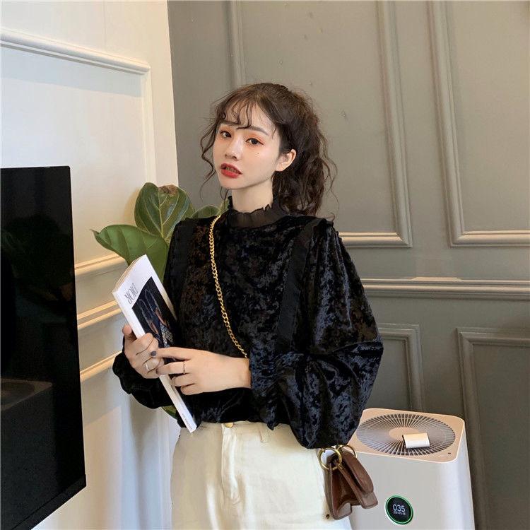 Product Introduction of Áo Sơ Mi Nhung, Ngọt Ngào Và Thanh Lịch, Chắp Vá Selvedge Dây Cổ Đứng, Hàng Mới Về Mùa Thu Cho Nữ, Tay Phồng Trẻ Trung, Áo Dài Tay 21