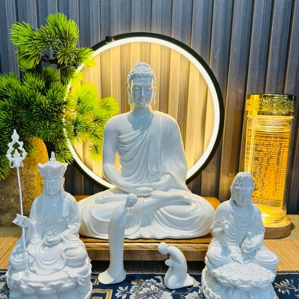 Bộ tượng Ta Bà Tam Thánh ngồi (đủ side) Decor Phòng Trang Trí Nhà,decor tu tập(bộ ba tượng không gồm đồ decor)