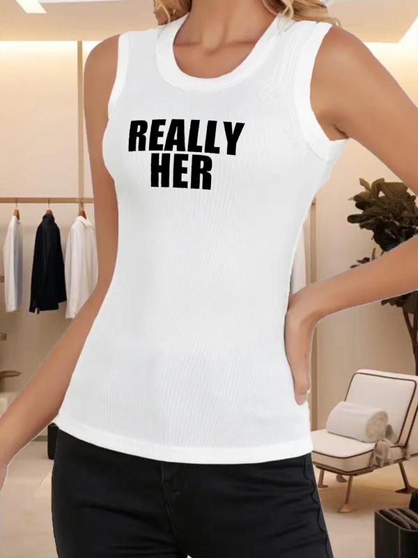Women's Letter Print Round Neck Tank Top, Casual Sleeveless Crew Neck Top for Summer, Ladies Clothes for Daily Wear, Socks 6