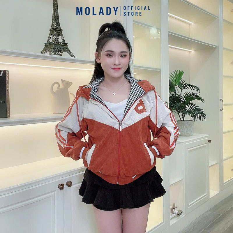 Product Introduction of Áo Khoác Nhung Nữ MOLADY K376 Có Nón Thiết Kế Khoá Kéo Lót Caro Phối Màu Top Jacket 32