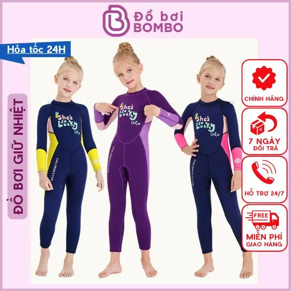Đồ bơi giữ nhiệt bé gái cao cấp Dive & Sail - dày 2.5mm, áo bơi liền thân dài tay mẫu mới She so lucky
