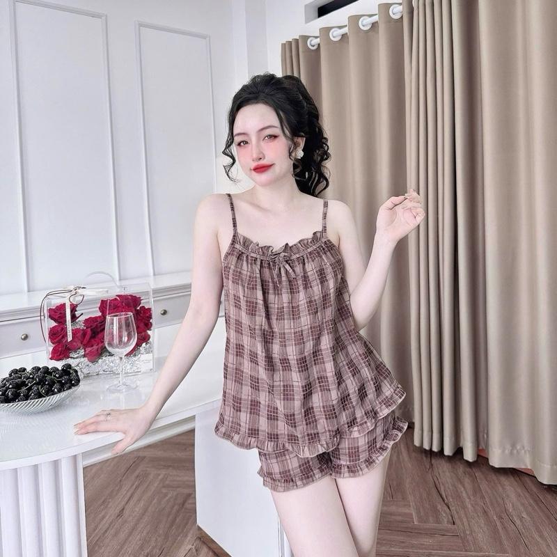 Sét đồ ngủ 2 dây dành cho nữ chất đũi xốp họa tiết caro Freesize mềm- mịn- mát nhà BALII TM8 Women Áo Voi Top Đỏ Quần Ngủ Nhung