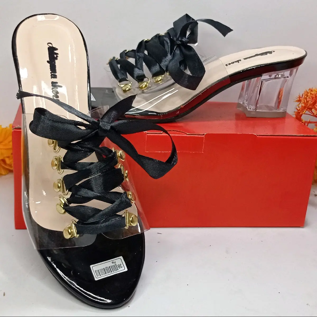 sendal high heels hak kaca wanita 5cm tali pita korea