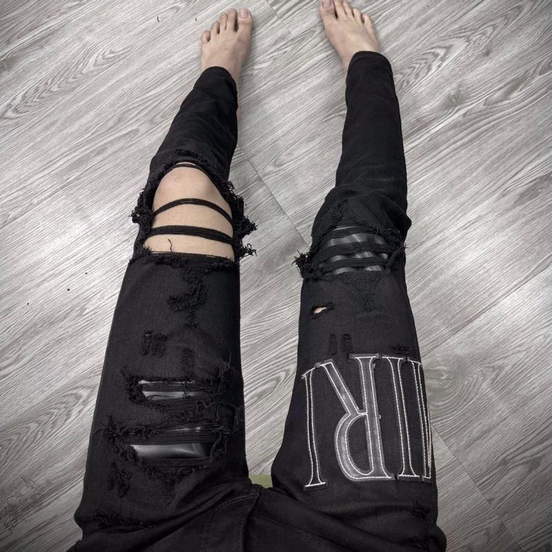 Quần jean thêu chữ vá da đen vải dày đẹp bản 1 cúc chất lượng Menswear