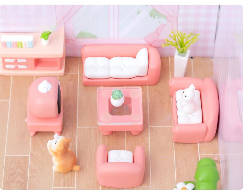 Product Introduction of Miniature Landscape Creative Cute Living Room Sofa Pink Dollhouse DIY Decoration Accessories Miniature Mini Ornaments 4