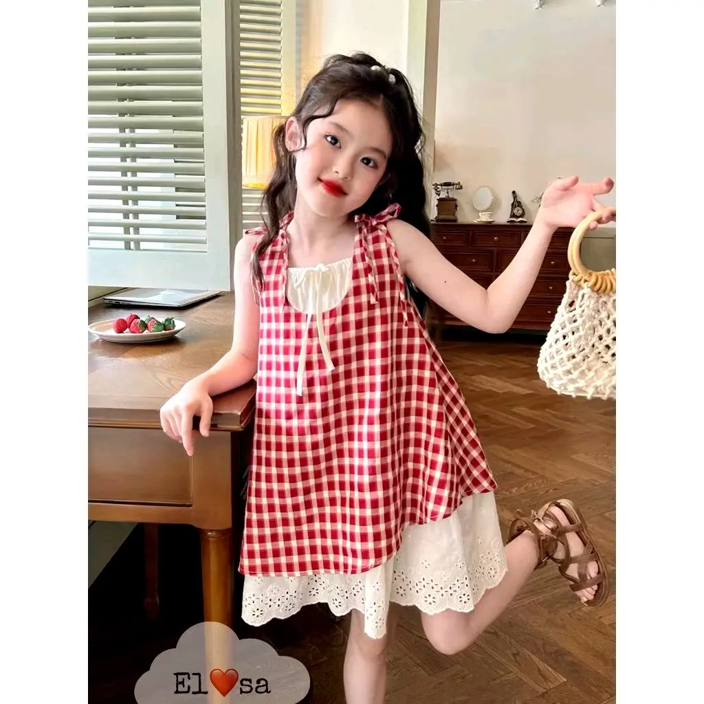 váy bé gái - váy bé gái nơ caro đỏ viền ren  kèm khăn trùm đầu từ 10-14kg