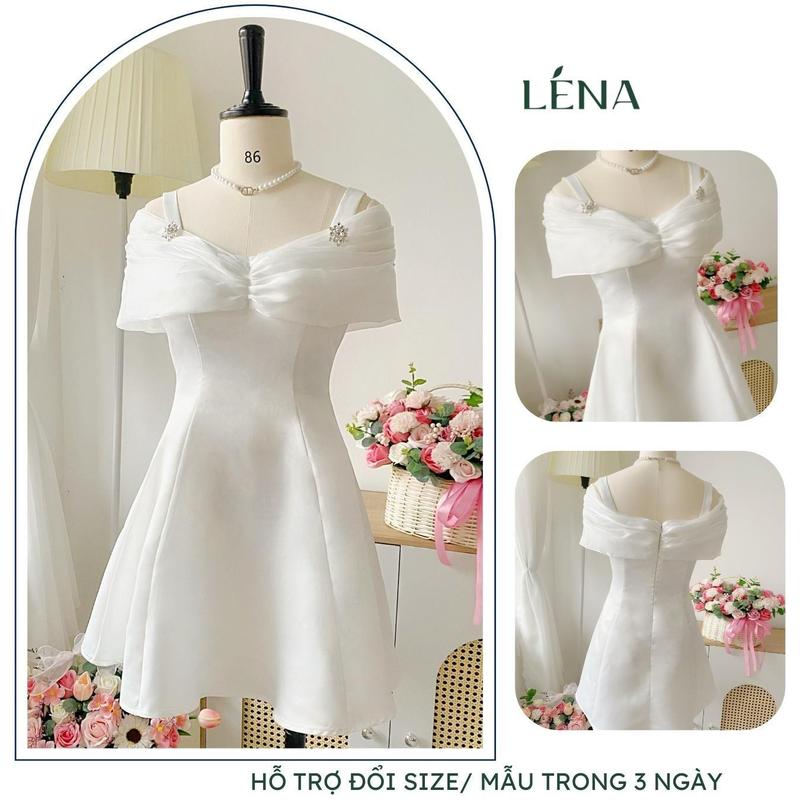 Ảnh thật Đầm tapta trắng trễ vai cao cấp dáng ngắn -Váy dự tiệc LENA trẻ trung sang trọng 3083 chỉ giặt tay đỏ hồng váy trễ đầm trắng