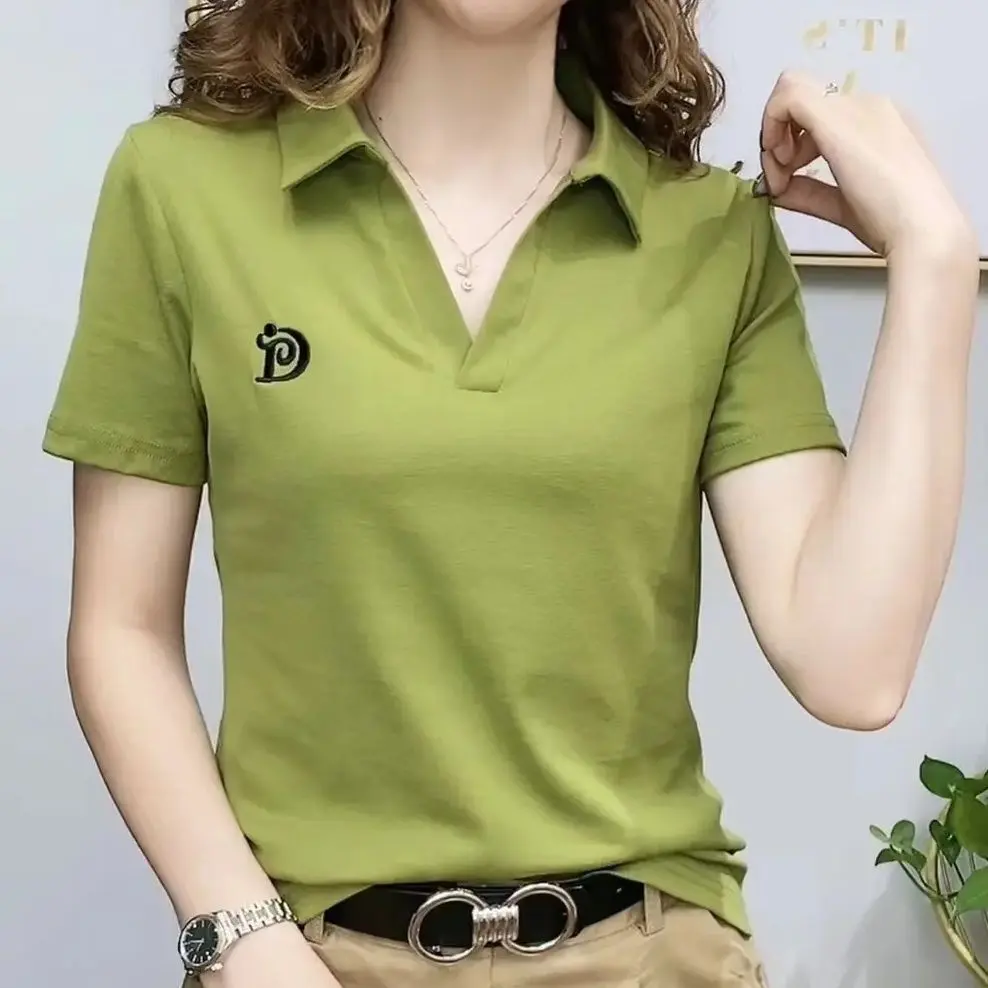 Áo Polo Nữ, Cổ Chữ V, Áo Thun Ngắn Tay, Phong Cách Phương Tây Mới Mùa Hè, Áo Thường Ngày Trông Trẻ Trung Top Women