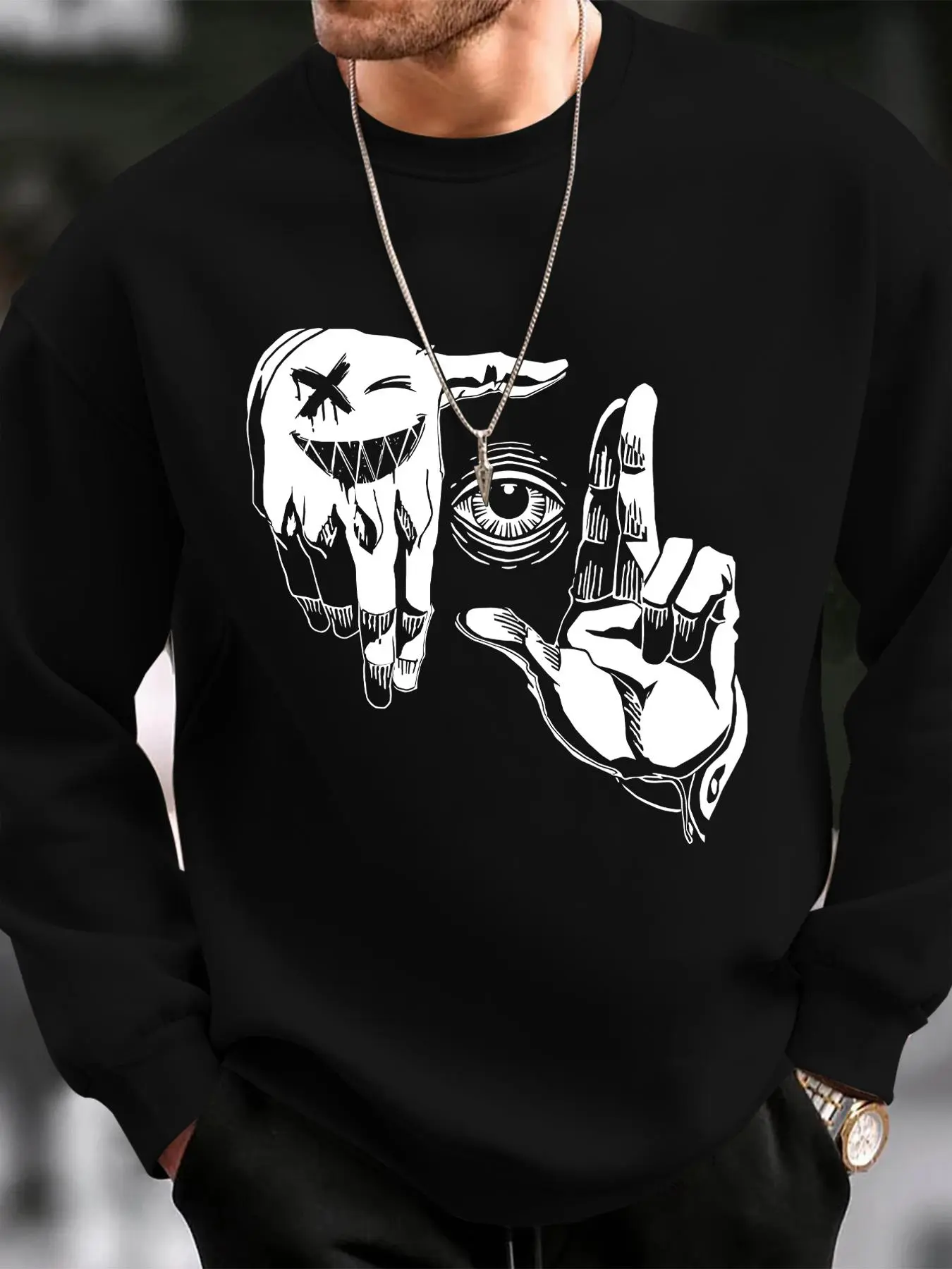 【Plus Size】 Eye Print Round Neck Sweatshirt, Casual Long Sleeve Crew Neck Pullover for Fall & Winter, Men's Clothes for Daily Wear