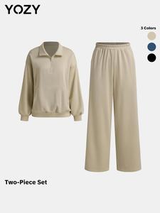 YOZY Two-Piece Set Women's Solid Zipper Pocket Sweatshirt & Elastic Waist Pants, Casual Fashion Collar Sweatshirt & Trousers for Daily Outdoor Wear, Women's Clothes for Spring Fall