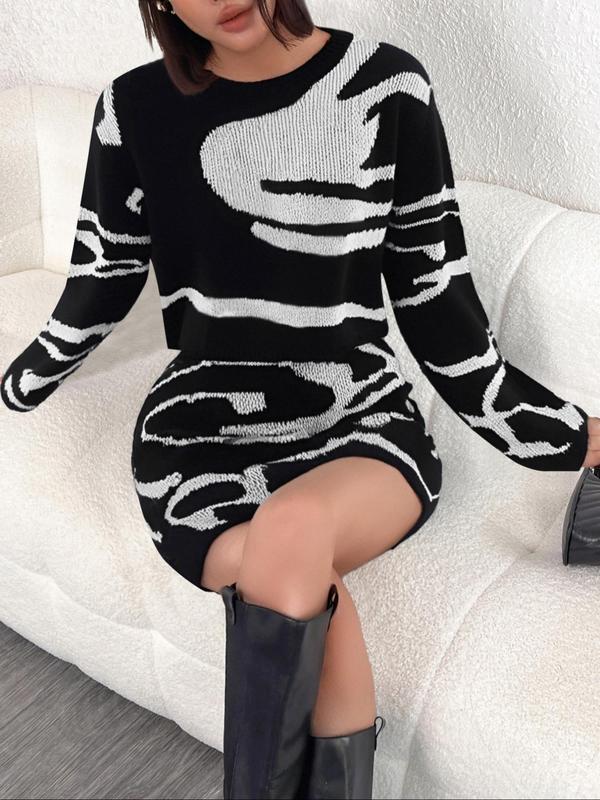 Women's Random Pattern Drop Shoulder Sweater & Elastic Waist Short Skirt Two-piece Set, Casual Fashion Cozy Knitwear Set for Daily Outdoor Wear, Women Knitwear for Fall & Winter 8