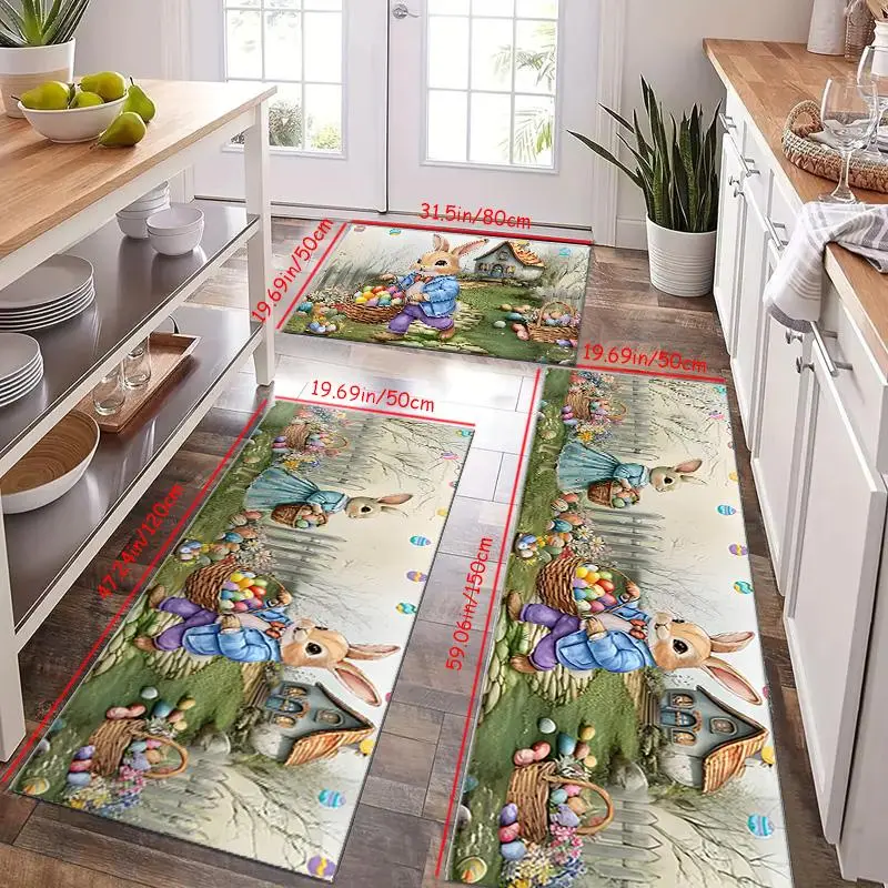 Easter Themed Kitchen Mat, 2 Counts/3 Counts Cute Rabbit & Egg Pattern Kitchen Rug, Non-slip Kitchen Floor Mat, Home Decor 2