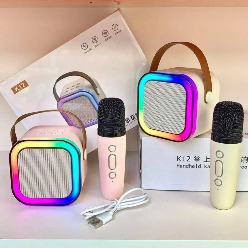 Loa bluetooth không dây K12 mini 2024 - kèm 2 Micro không dây hát karaoke nhỏ gọn tiện dụng pin trâu Củ Loa Kem Nghe Nhạc