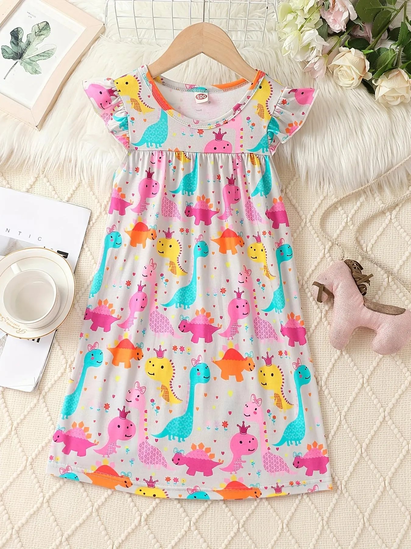 Girl's Cartoon Dinosaur Print Dress, Cute Casual Dress for Summer, Kids Clothes for Daily Wear