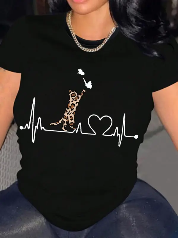 Women's Leopard & Heartbeat Print Round Neck Tee, Fashion Casual Short Sleeve Crew Neck T-shirt for Daily Holiday Vacation Outdoor Wear, Ladies Clothes for All Seasons 0