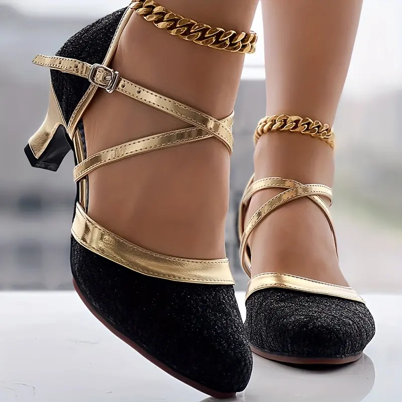 Women's Glitter D'Orsay Latin Dance Shoes, Crisscross Buckle Strap Chunky Mid Heels, All-Match Dress Dance Pumps 7