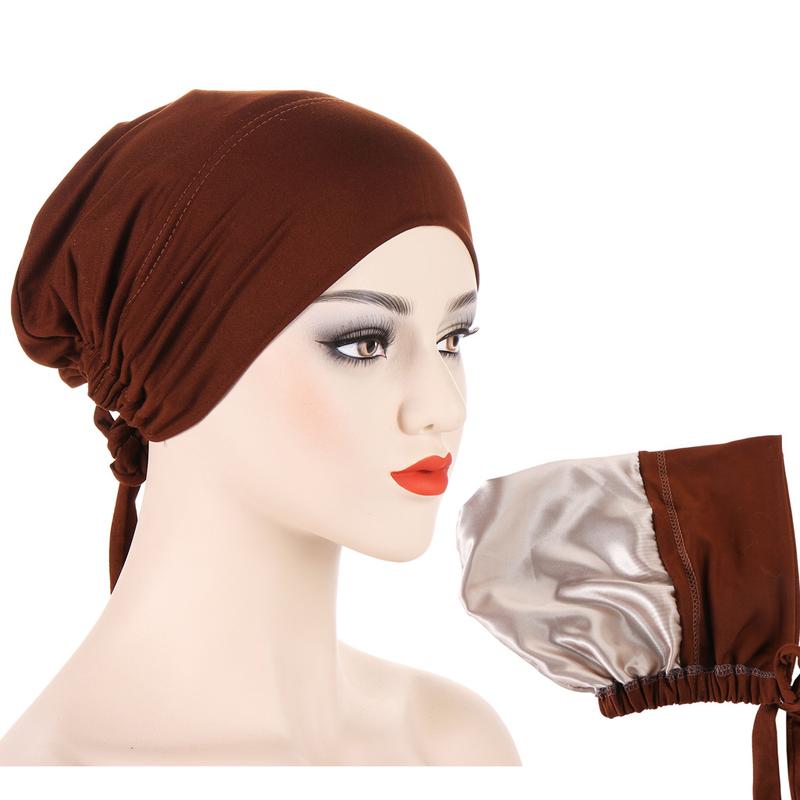 Product Introduction of Instant Hijab Muslim Tudung Inner Hijab New Multi-color Satin Cloth Drawstring Pullover Cap Base Cap Strap Tether Cap 10