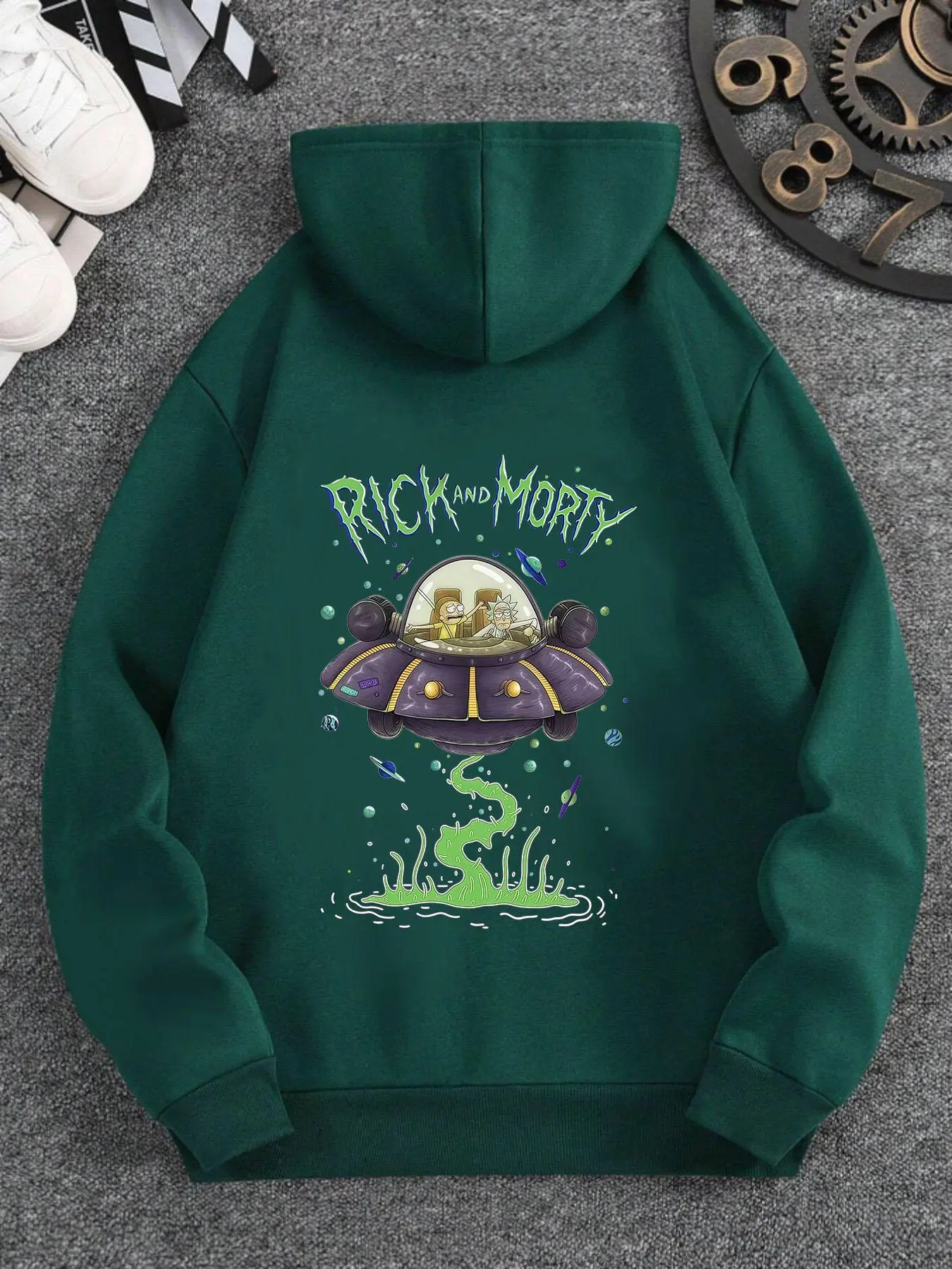 Men's Rick and Morty Graphic Print Pocket Drawstring Hoodie, Regular Fit Casual Drop Shoulder Long Sleeve Hooded Sweatshirt, Men's Fall & Winter Clothes