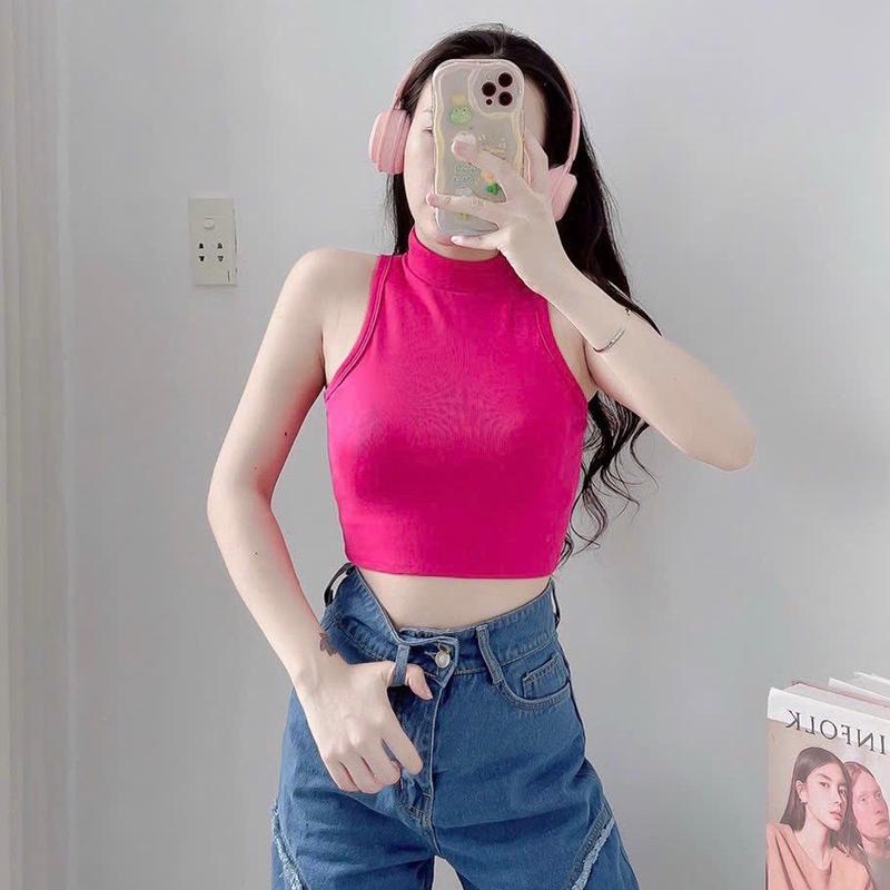 Áo ba lỗ croptop cổ lọ chất len tăm mềm mịn