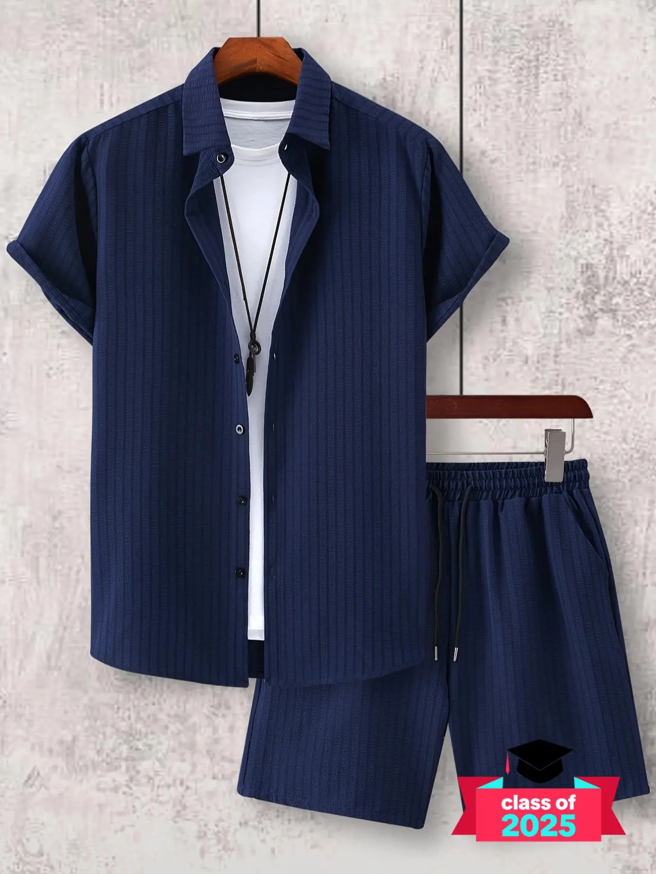 Men's Regular Fit Striped Print Short Sleeve Shirt & Pocket Shorts Two-piece Set without Tee & Necklace, Casual Summer Outfits Set for Men, Mens Clothing,  Going Out Outfit