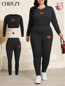 CURVZY Plus Size Two-Piece Set Lip Print Long Sleeve Crop Sweatshirt & Pocket Pants Set, Casual Round Neck Pullover & Trousers, Women's Spring & Fall Clothes for Daily Wear