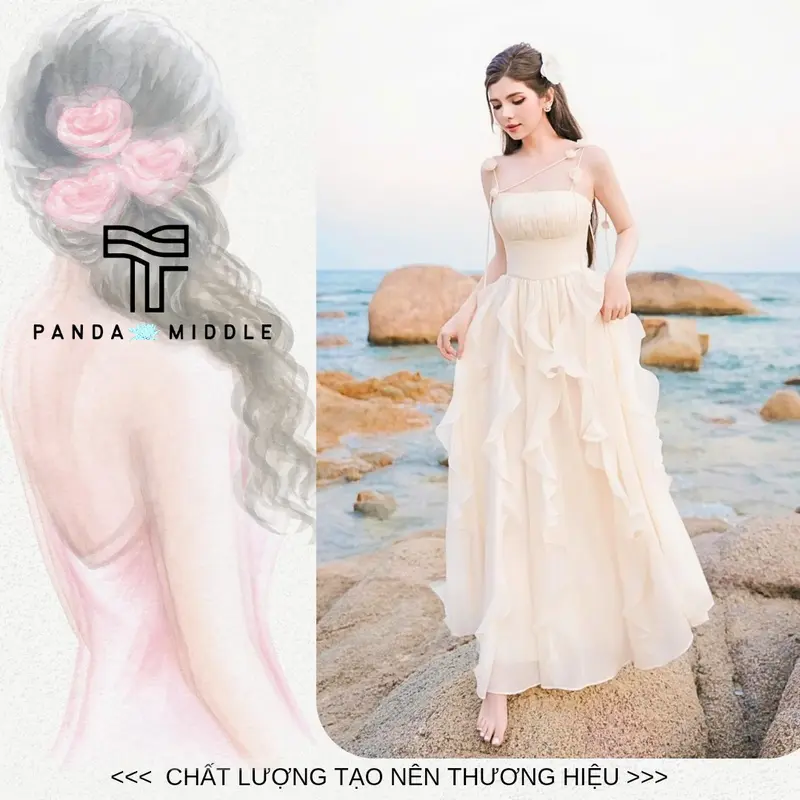 VV22 - Đầm cúp ngực 2 dây dáng dài, đầm cup ngưc thiết kế màu kem chất voan, bo chun, dây vai gắn hoa dáng bèo cho Nữ đi biển siêu xinh Dress Women 0