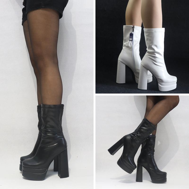 Sẵn ĐEN- TRẮNG Giày boot nữ cổ lửng cao gót 14cm ĐẾ KÉP phong cách Âu Mỹ GBN120 Bốt Shoes