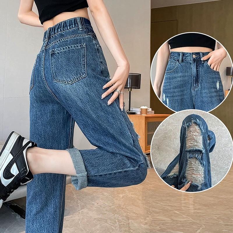 Product Introduction of Quần Jean Baggy Nữ BigSize Lưng Cao Rách bụi, Phong Cách Hàn Quốc, Màu Xanh Đá Đậm Rách 3006 3007 Lưng Chun Denim Pants Women 3