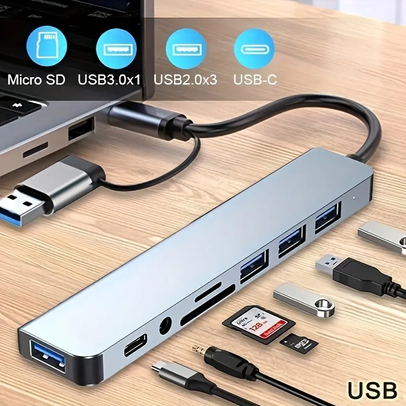 Space-Saving 8-in-1 USB Hub with Audio Jack, Multi-Port Adapter for Tablets, USB-Powered, 5V Operating Voltage, Compatible with Tablets 2