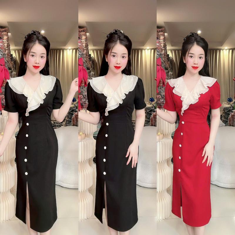 (U09) Đầm thiết kế cổ bèo form tôn dáng đính cúc cách điệu đi làm đi tiệc đều đẹp váy hela by Thương Lê U09