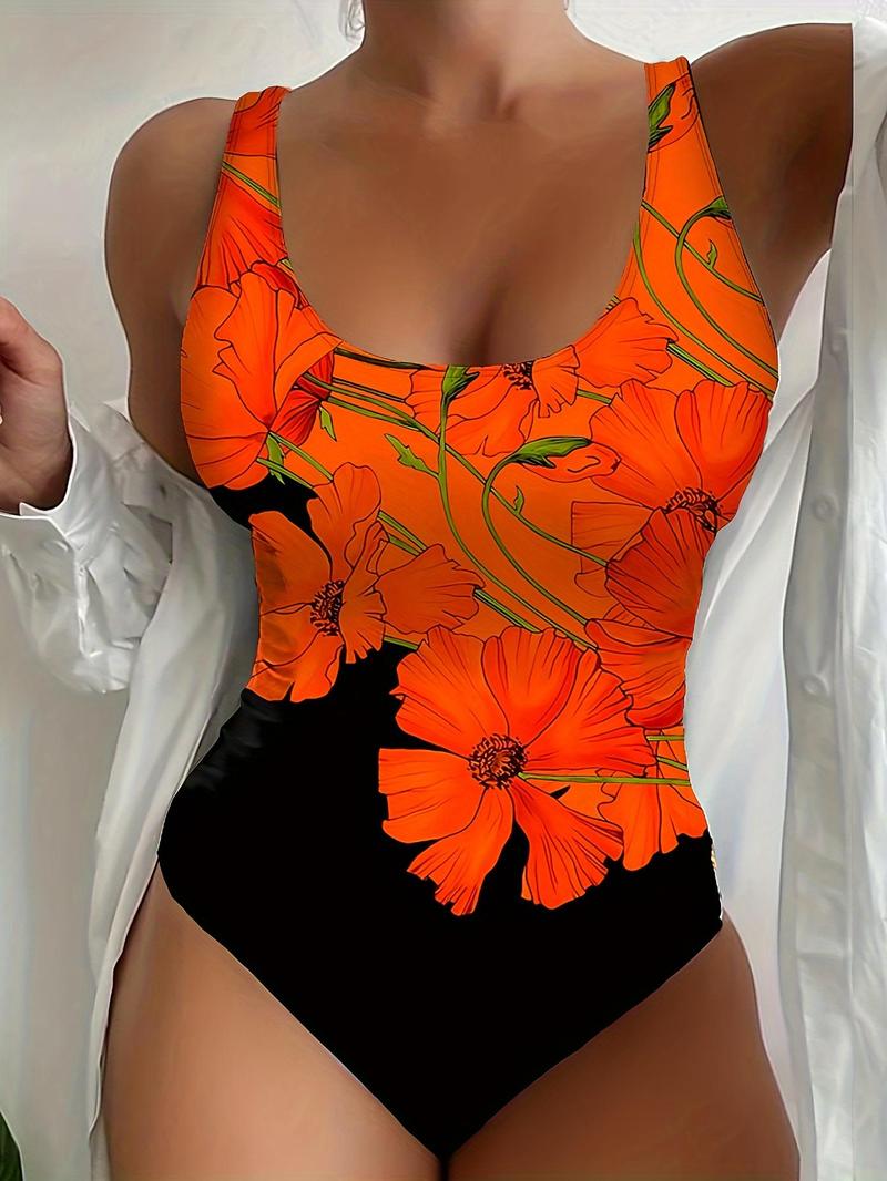 Product Introduction of Women's Floral Print One-Piece Swimsuit, High Stretch Casual Comfy U Neck Sleeveless Swimwear for Beach Holiday Vacation, Ladies Swimsuit for All Seasons 1