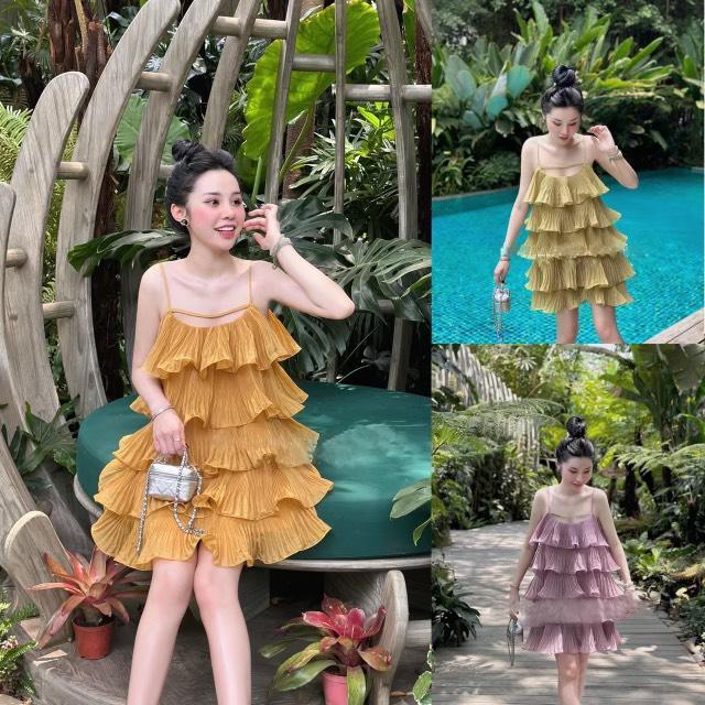 Váy hai dây xếp ly 5 tầng nhiều màu đi biển áo váy hai dây sang chảnh dập ly nhiều tầng
