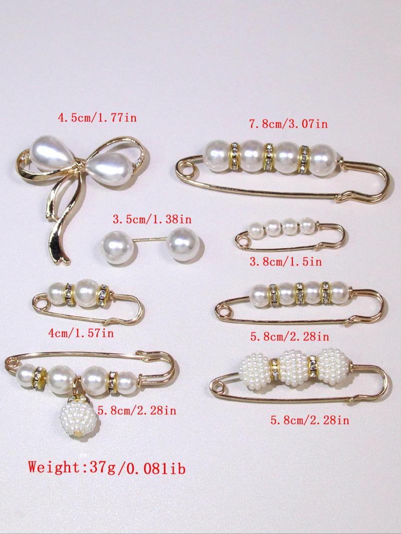 Product Introduction of 8pcs/set Faux Pearl Decorated Bow Design Brooch, Clothes Brooch Pin, Clothes Accessories For Women & Men 2