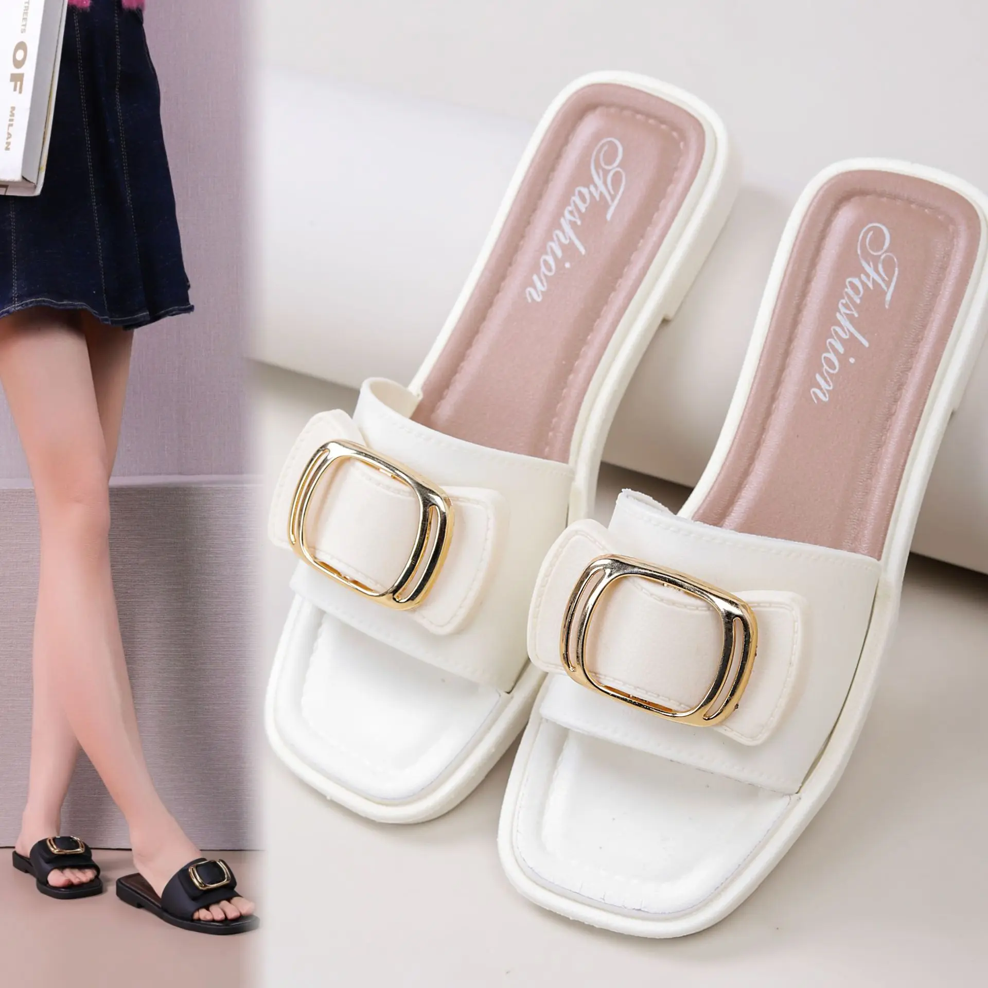 Summer Square Buckle Slippers for Women, Outdoor Non-Slip Fashion Flat Flower Bowknot Sandals
