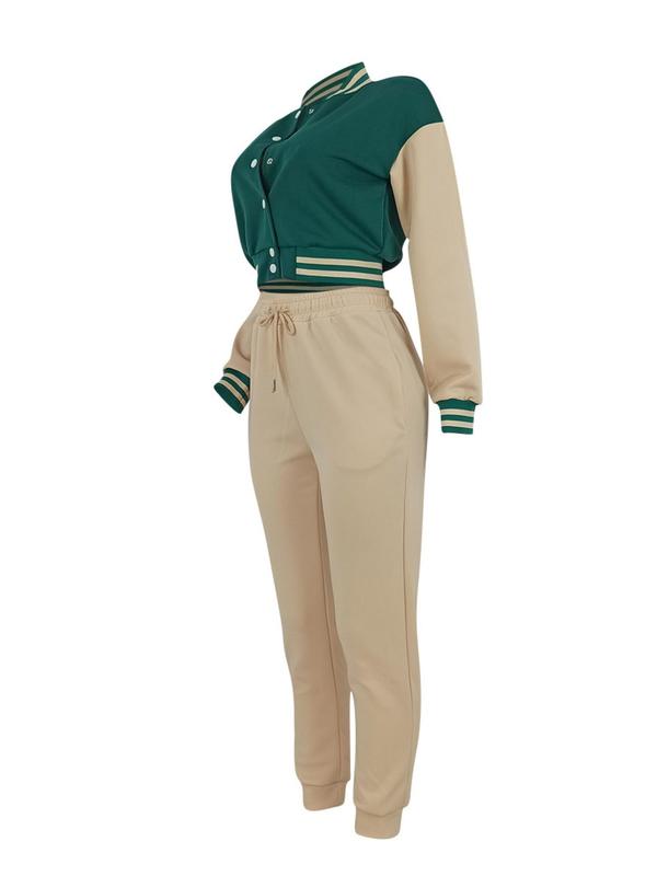 Women's Colorblock Print Short Jacket & Drawstring Waist Sweatpants Two-piece Set, Two Piece Set Women, Casual Long Sleeve Mock Neck Outerwear & Pocket Pants for Daily Wear, Ladies Fall & Winter Clothes, Co-ord Sets 5