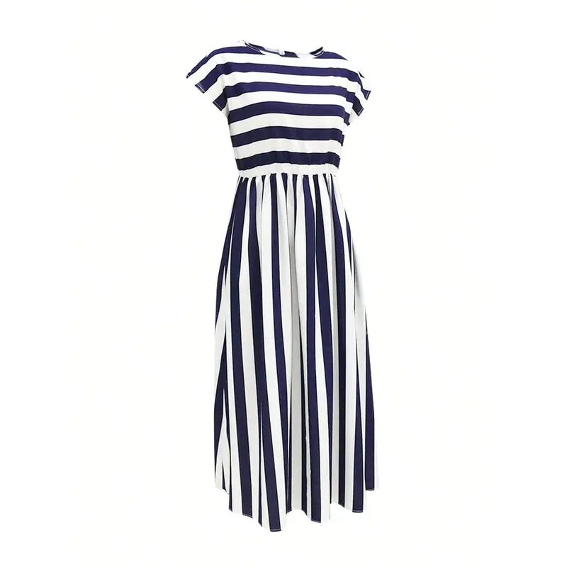 Summer Round Neck Striped Drop Shoulder Sleeve A-Line Midi Dress 2
