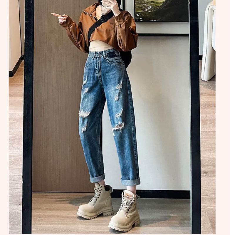 Product Introduction of Quần Jean Baggy Nữ BigSize Lưng Cao Rách bụi, Phong Cách Hàn Quốc, Màu Xanh Đá Đậm Rách 3006 3007 Lưng Chun Denim Pants Women 8