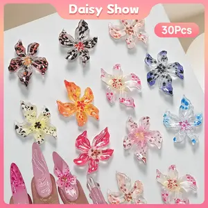 30Pcs Aksesoris Kuku Lily Bunga 3D Warna Cantik Dekorasi Nail Art Hiasan Kuku Soft Sculpture Manicure DIY
