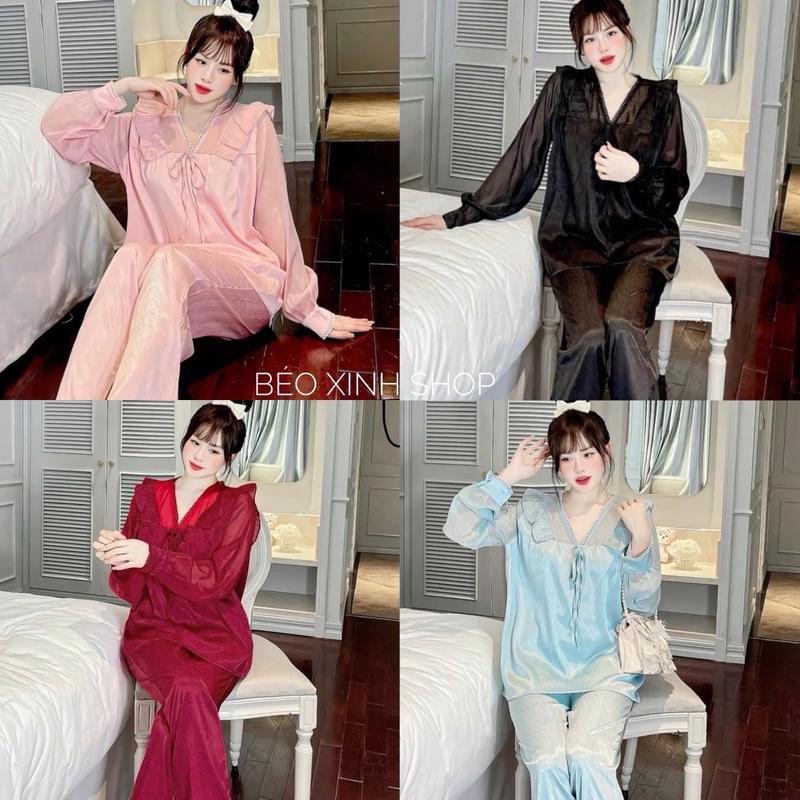 Đồ Bộ - Đồ Ngủ Tay Dài Vải Gấm Xước Phối Voan Cao Cấp Pijama Bigsize 50-100Kg Bộ Ngủ Nữ Béo Xinh Shop - A.5614