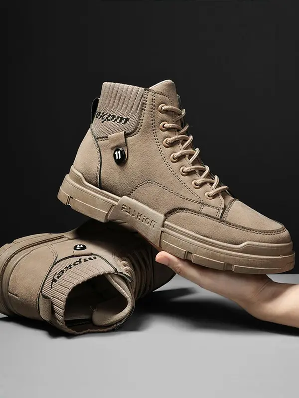 Men's Casual Solid Color Lace up Pu Leather Boots, Fashionable Casual Work Shoes for Daily Wear, Comfortable and Versatile High Top Shoes for Fall & Winter 1