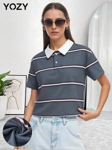 YOZY Women's Striped Print Button Front Polo Shirt, Casual Short Sleeve Polo Top for Daily Wear, Ladies Clothes for Summer
