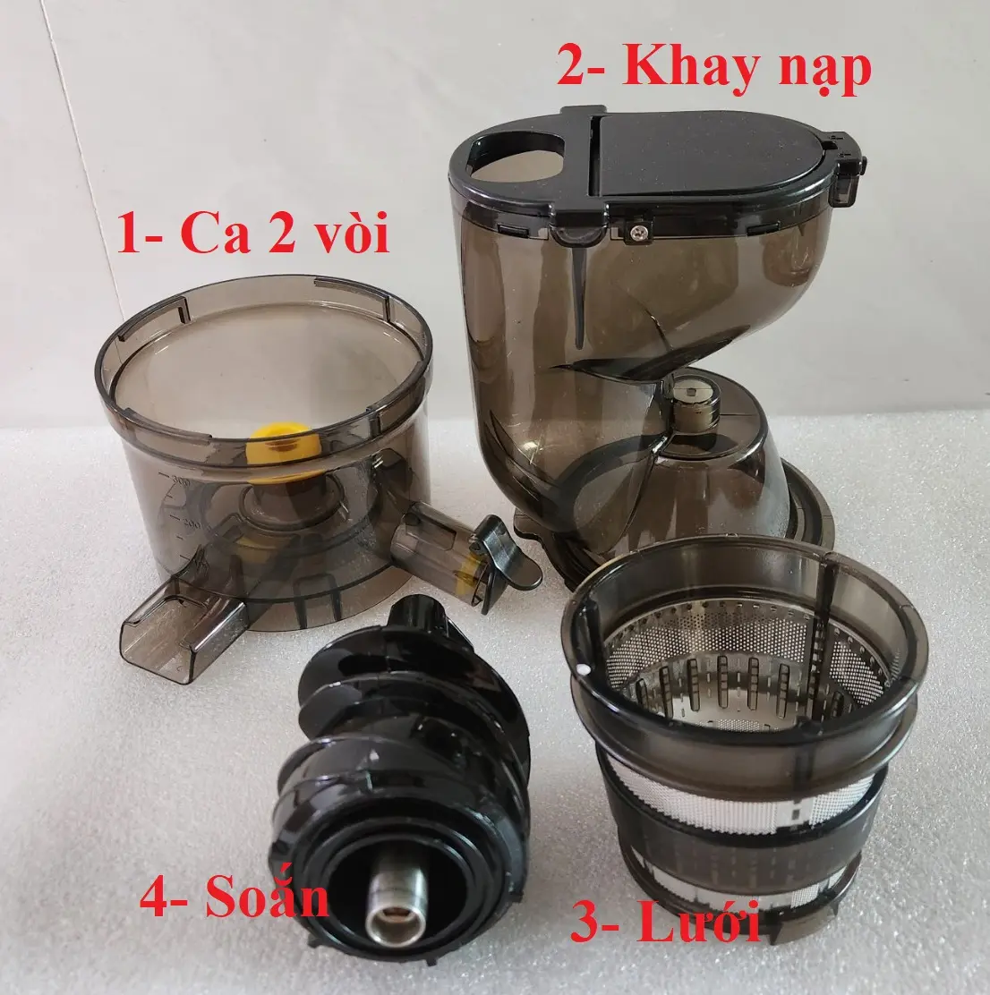 Linh phụ kiện khay nạp, ca 2 vòi, củ xoắn, lưới lọc máy ép chậm Hongxin