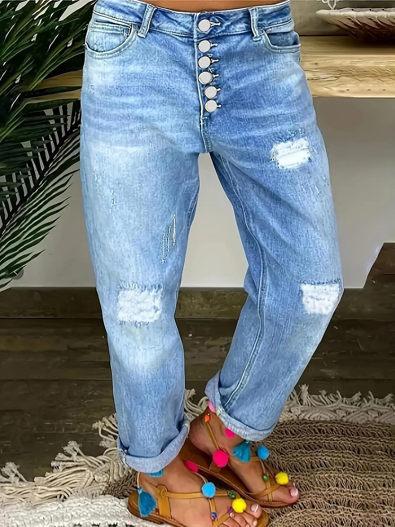 【Plus Size】 Pocket Button Fly Denim Jeans, Casual Comfy Fashionable High Waist Trousers for Daily Wear, Women's Bottoms for All Seasons, Womenswear