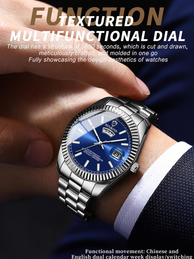 Product Introduction of Men's Business Fashion Round Dial Stainless Steel Strap Quartz Watch, Fashion Watch for Party, Daily Clothing Decor, Trendy All-match & Exquisite Watch for Birthday Gift with Box 4