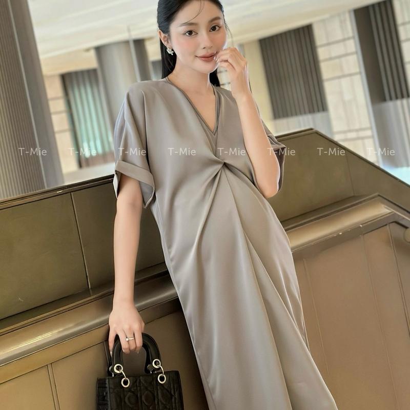 T-Mie | Váy Bầu Thiết Kế Cao Cấp Chất Lụa Cổ V Tay Dơi Sang Trọng Cho Nàng Diện Đi Tiệc, md5172 1