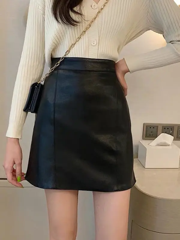 Chân Váy Da  Chữ A dáng ngắn 818 Nữ Women Đen 4