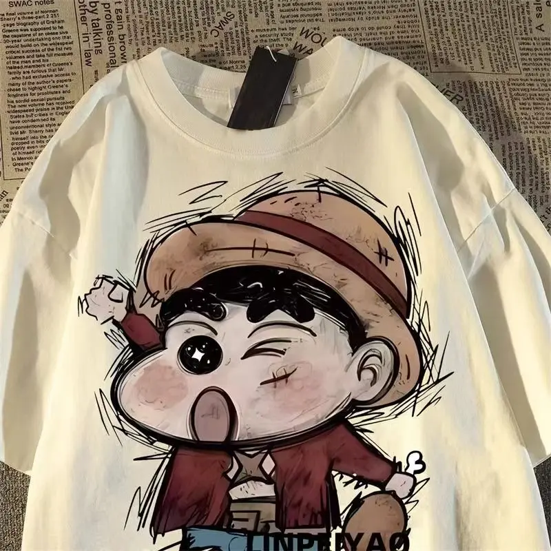 Áo Thun ngắn Tay In Hình Shin-chan Bút Chì Màu Hoạt Hình Cổ Điển Nhật Bản, Unisex, Dáng Rộng Vừa Vặn, Thích Hợp Cho Mùa Hè, Phong Cách Đường Phố Cao Cấp, Áo Tay Lửng Cặp Đôi, 12 0