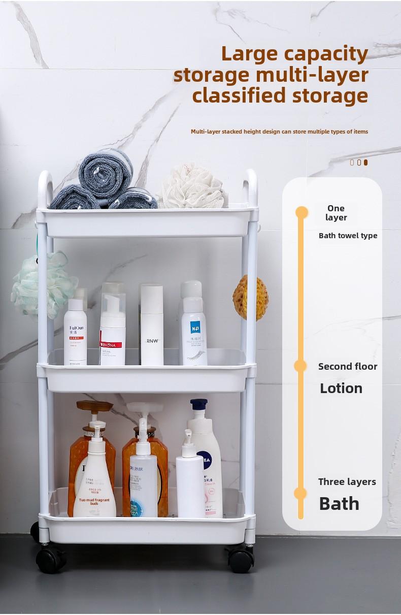 Product Introduction of Bookshelf Floor-standing Movable Household Simple Multi-layer Snack Storage Rack Reading Bookshelf with Wheels Multi-functional 3