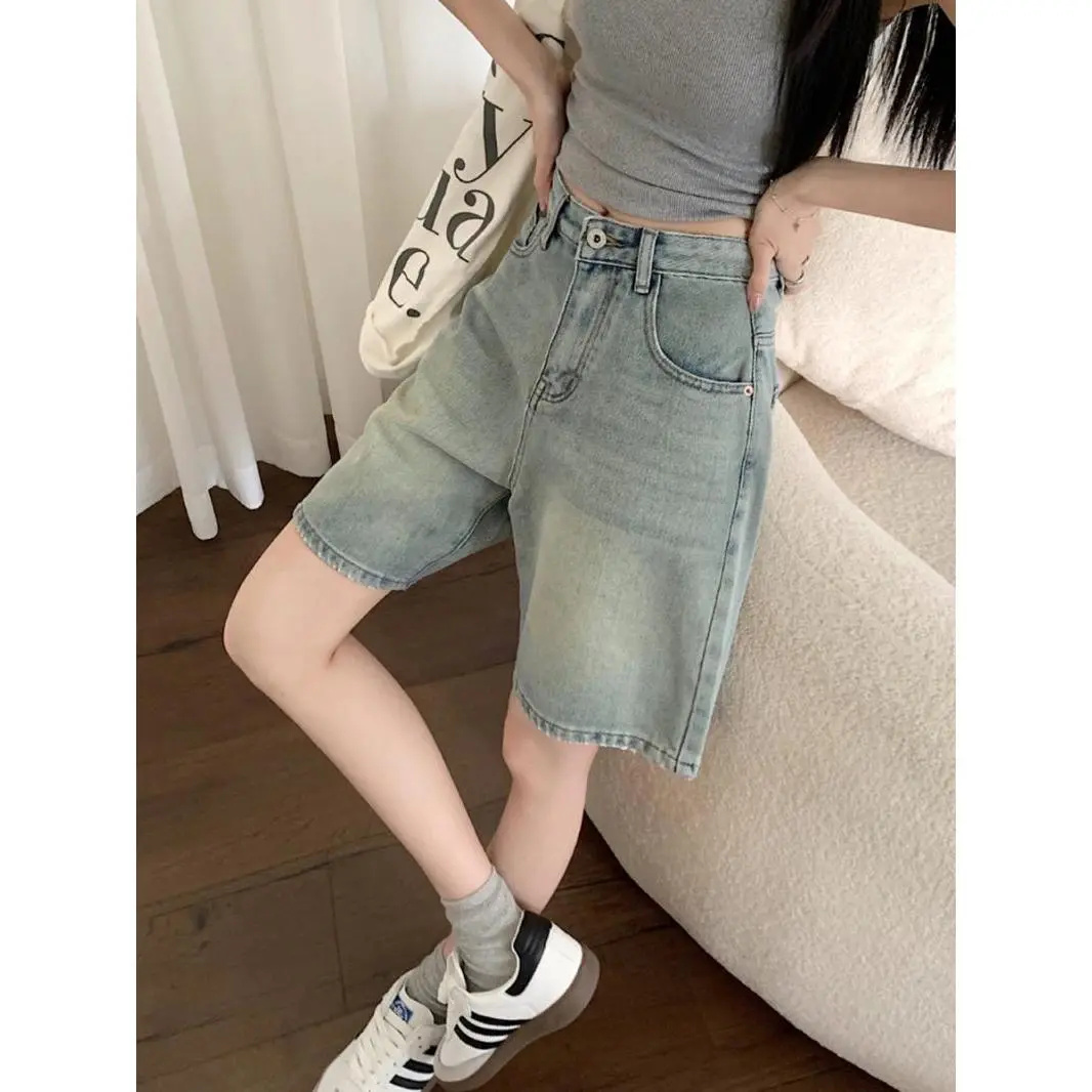 Summer New Light Blue Cropped Denim Shorts Women's Washed Distressed High Waist Loose All-Matching Straight Wide Leg Middle Pants